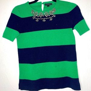 𝅺JCrew Blue and Green Jeweled Short Sleeve Sweater - Size XXS